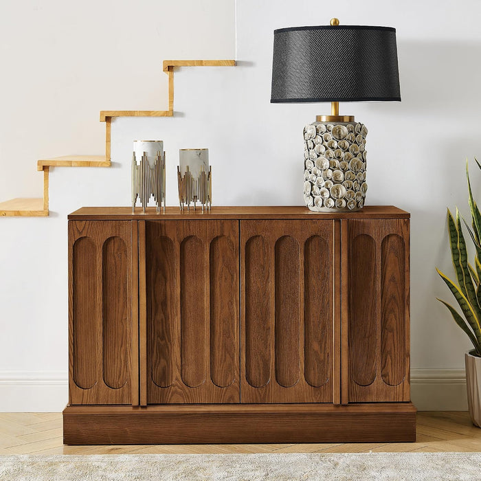 45" Mid-Century Modern Sideboard Buffet Cabinet with Fluted Doors,Credenza Storage Cabinet with Solid Wood Veneer,Seamless Base Accent Cabinet,Walnut