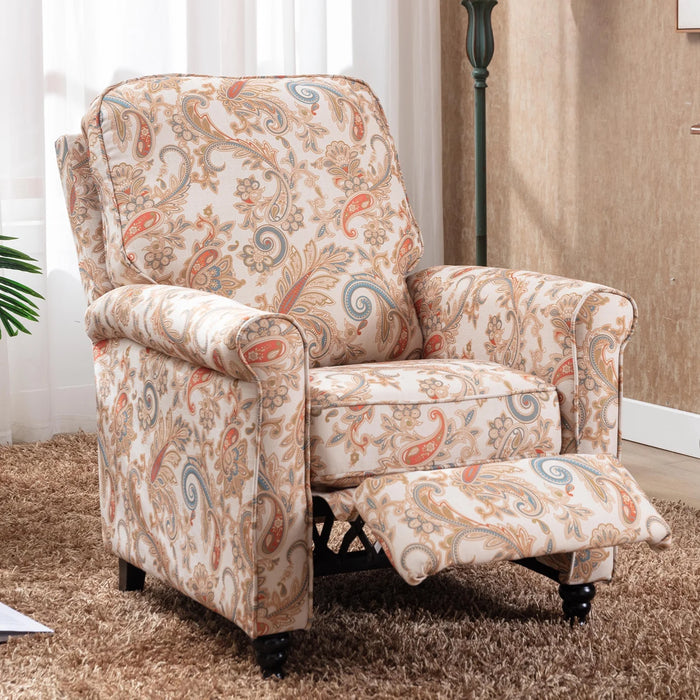 Manual Recliner Chair Push Back Upholstered Mid Century Armchair Fabric Sofa Home Theater Couches Wood Legs Home Living Room,Flower