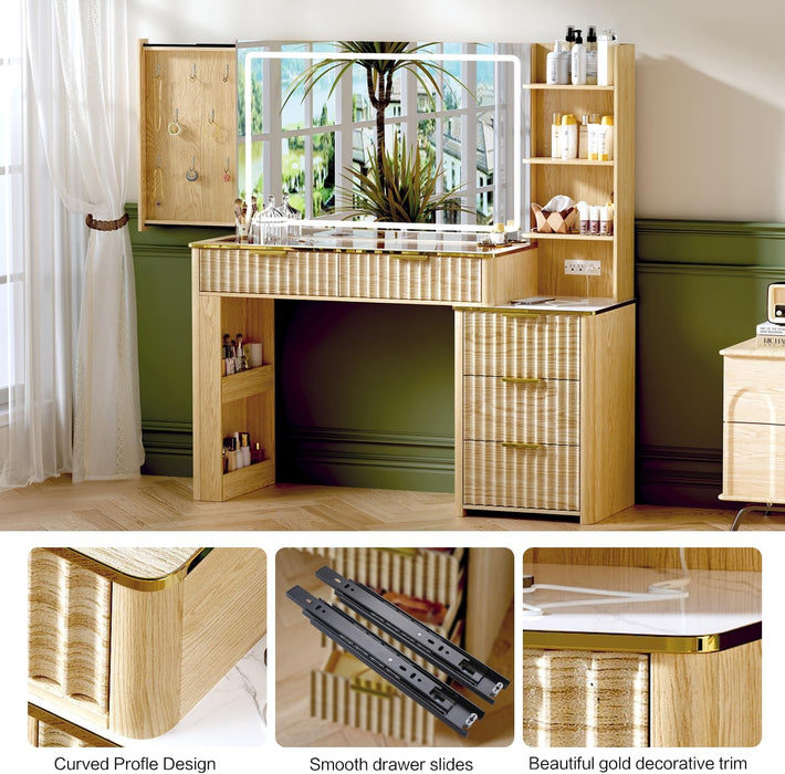 51Inch Oak Vanity Desk With IndustrialLEDLighting System