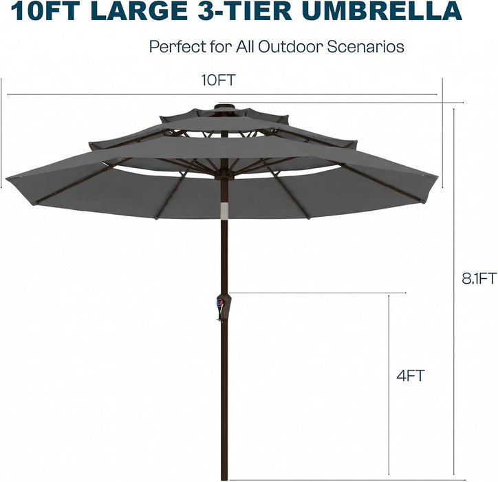 10Ft Patio Umbrella, 3 Tier Outdoor Market Table Umbrellas with 8 Fiberglass Ribs and Push Button Tilt, Windproof, Vented Canopy, UV Protection for Deck, Pool, Backyard