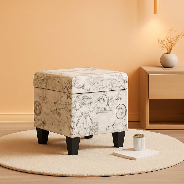 Neutral Beige Script Ottoman with Storage Square