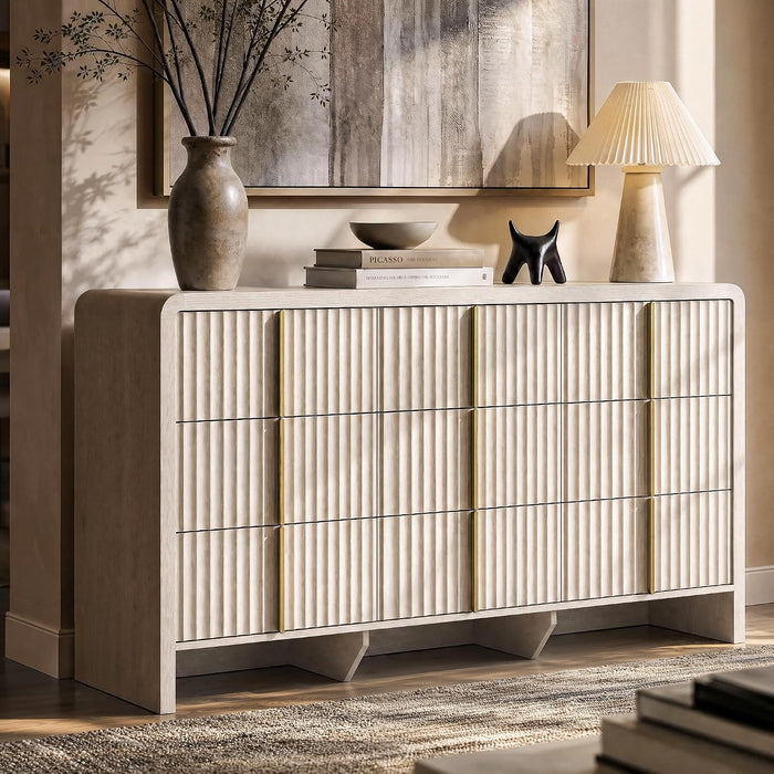 Fluted 9 Drawer Dresser for Bedroom, 64.2" Wide White Chest of Drawers, Modern Wood Storage Cabinet with Metal Handles, Anti-Tip Clothes Organizer, Grey