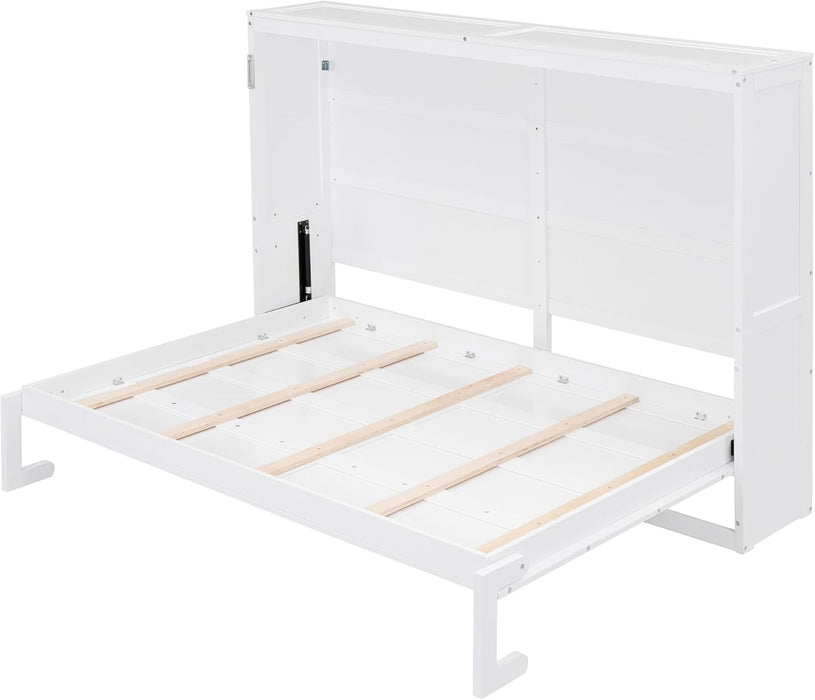 Full Size Murphy Bed, Wood Hidden Foldable Wall Bed Frame W/Gas Struts, Storage Bed Cabinet for Bedroom, Office, Space-Saving, No Box Spring Needed, White