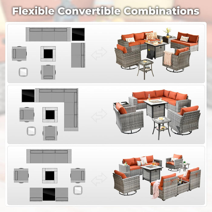 10 Pieces Patio Furniture Set, Outdoor Wicker Sectional Sofa with 30" Fire Pit Table Swivel Chairs, Modern Modular Deep Seat Rattan Couch Conversation Sets, Orange Red