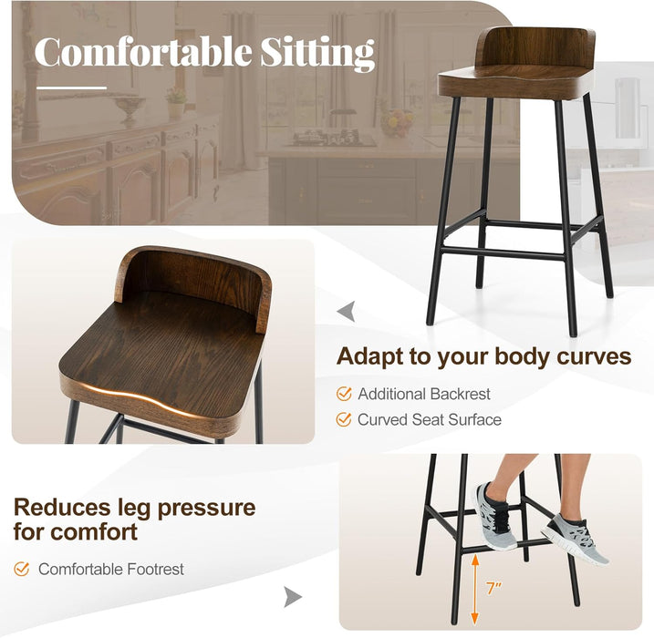 24.5'' Bar Stools Set of 2, Counter Height Bar Stools with Low Back & Footrest, Metal Frame, Industrial Bar Chairs, Armless Barstools for Kitchen Island, Pub, Kitchen, Cafe, Breakfast, Brown