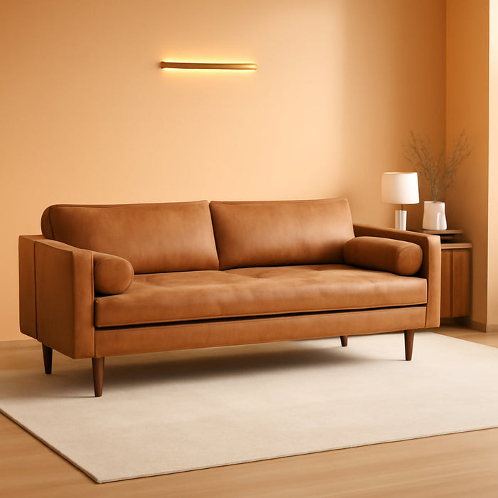 Cognac Tan Brown Leather Couch - 88.5" Mid Century Leather Sofa with 2 Bolsters - Full Grain Camel Leather Couch - Feather-Down Topper on Seating Surface - Pure-Aniline Italian Leather