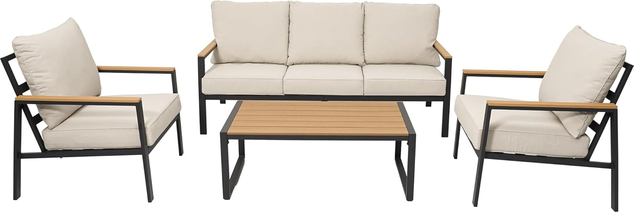 Patio Furniture Set, 4 Pieces Outdoor Furniture Patio Conversation Set with High Back, Faux-Wood Armrest and Tabletop, Outdoor Couch Patio Sofa Set for Balcony, Porch, Backyard, Beige