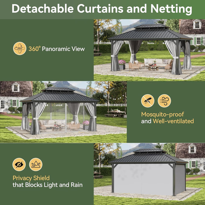 12Ft X 16Ft Hardtop Gazebo, Aluminum Metal Outdoor Gazebo with Breathable Netting and Curtains, Galvanized Steel Double Top, Permanent Patio Pavilion for Backyard, Wedding, Party