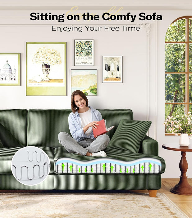 Corduroy Sofa EightySevenInch DeepSeat Green LivingRoom Comfort