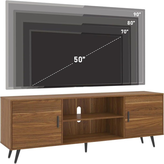 70 Inch Mid Century Modern TV Stand for 75 Inch TV, Wood TV Stand with Storage, Entertainment Center for Living Room Bedroom, TV Media Console, Walnut