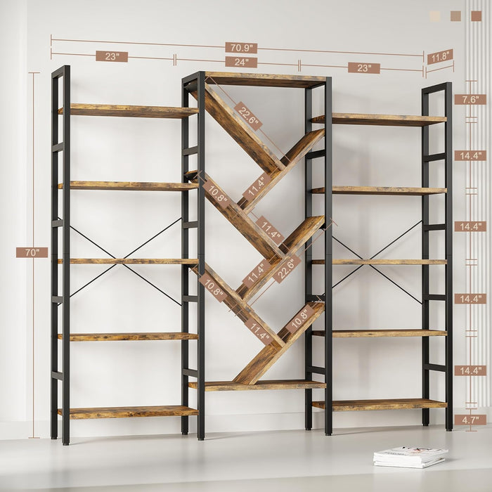 70X70" Triple 5 Tier Book Shelf, Large Wooden Bookcase with 17 Open Display Shelf, Modern Tree Bookshelf Metal Frame Tall Book Case Furniture for Living Room Bedroom Home Office Rustic Brown