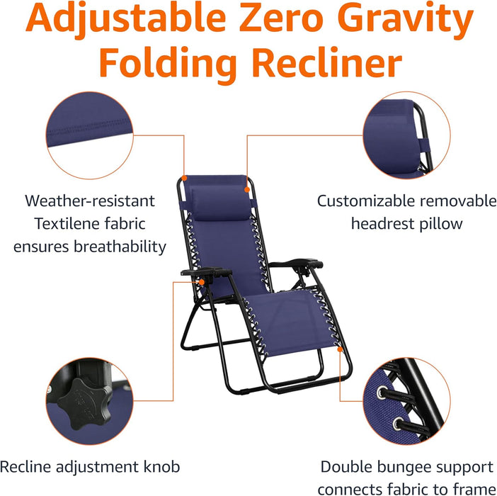 Zero Gravity Lounge Chair with Pillow, Foldable Outdoor Reclining Chair for Patio and Beach, Weather-Resistant Textilene, 300 Lb Capacity, 26", Navy Blue