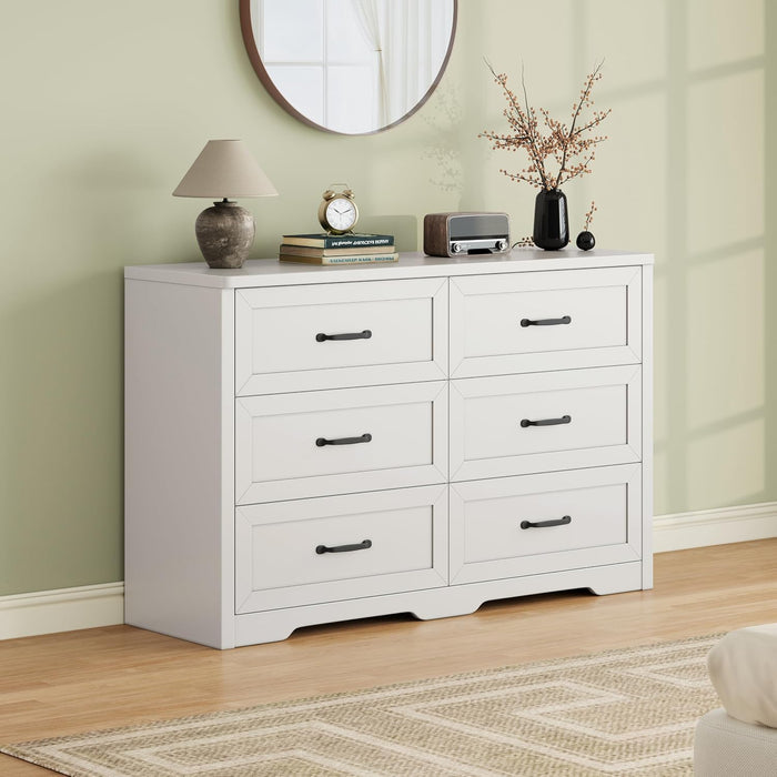 Farmhouse 6 Drawer Dresser for Bedroom, 47" W Modern Chest of Drawers with Metal Handles, Wood Dresser TV Stand, Dresser Drawer Organizer for Closet, Living Room,Hallway,White