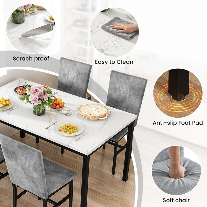Dining Room Table Set 5 Piece Dining Table Set Marble Dining Table 4 Chair Dining Table Set for Kitchen Living Room Breakfast Small Spaces (White & Grey)