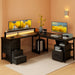 66" L Shaped Computer Desk, 113“ Reversible Home Office Desk with File Cabinet & 4 Fabric Drawers, Two Person Desk with LED Lights & Power Outlet, Corner Gaming Desk with Monitor Shelf, Black