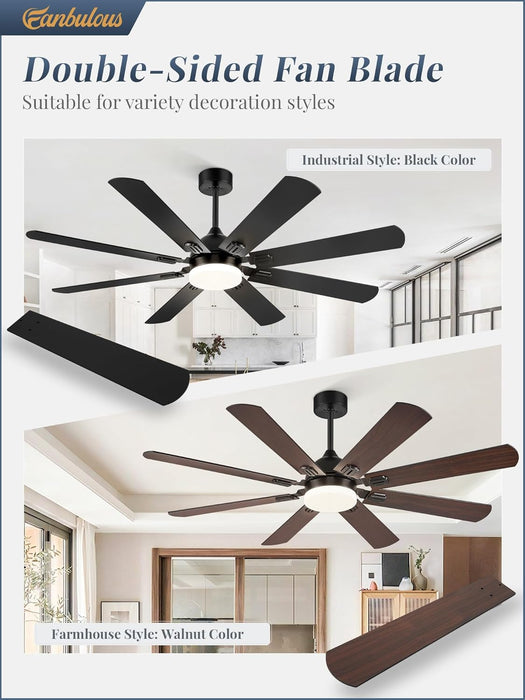 62 Inch Ceiling Fans with Lights, Black Modern Ceiling Fan with Remote,Large Farmhouse Indoor & Outdoor Ceiling Fan with 8 Dual Finish Blades, Quiet DC Motor, Bright LED Light