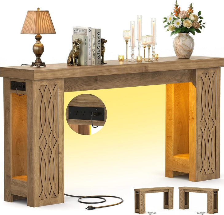47" Console Table with Outlet, Farmhouse Entryway Table with Colorful LED Lights, Wooden Sofa Table with Unique Carved Design, Foyer Accent Table for Entrance, Hallway, Living Room Natural