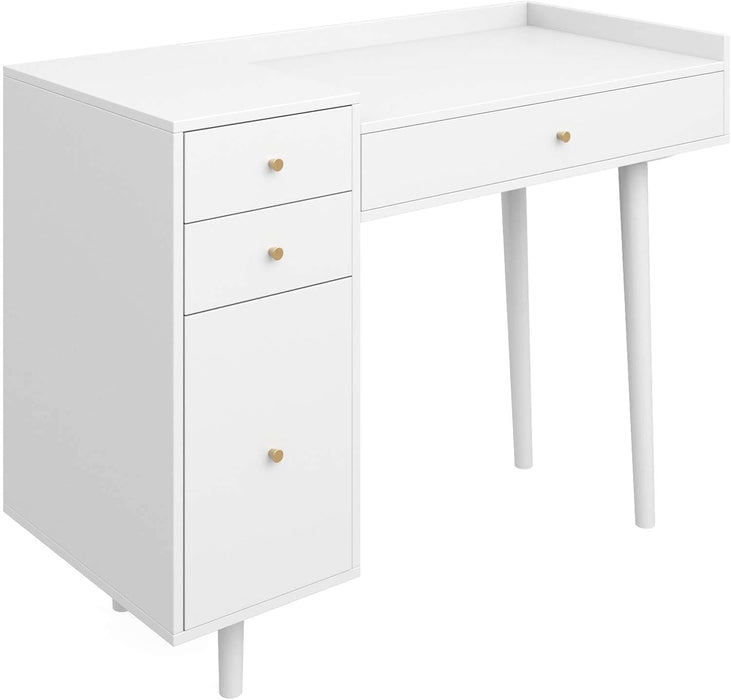 Daisy Vanity Dressing Table or Makeup Desk with 4-Drawers and Brass Accent Knobs, White Wood