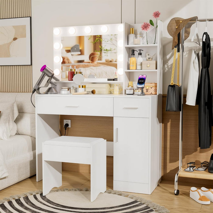 Vanity Desk with Mirror and LED Lights,Vanity Desk with 3 Drawers & 3 Storage Shelves,Vanity Table with Chair,Three Adjustable Lighting Modes,Bedroom Vanity,White
