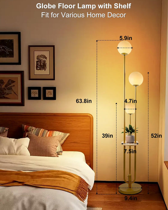 Gold Globe Floor Lamp 3-Lights Dimmable Floor Lamps with Tray 3000K Bulbs Included Unique Floor Lamp Candle Holder Style Modern Standing Lamps for Living Room/Bedroom