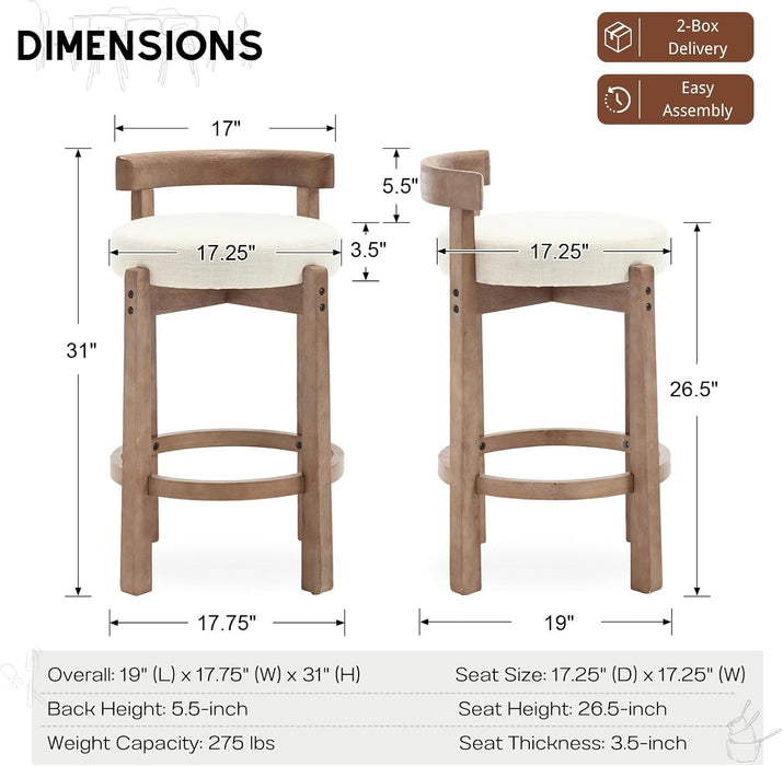 Bar Stools Set of 3, 26" Linen Fabric Upholstered Counter Height Bar Stools, Modern Barstools Counter Stools with Wood Legs for Kitchen Island Dining Room Bar, Beige