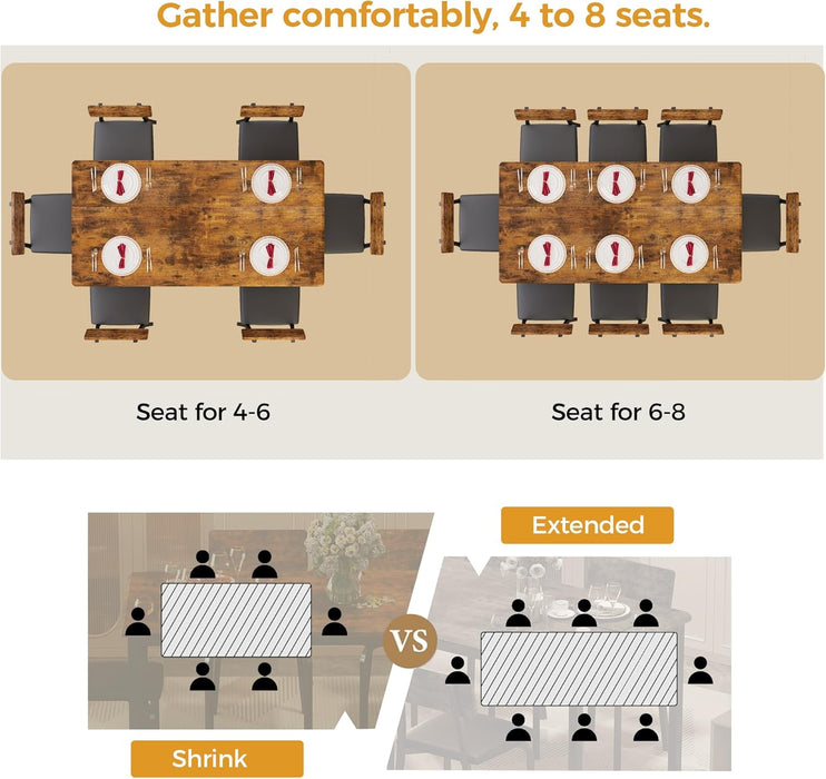 5-Piece 63" Extendable Dining Table with 4 Upholstered Chairs, Kitchen Table Set for 4-8 People, Dining Room Sets with MDF Wood Board, Drop Leaf Table Design for Space Saving, Rustic Brown