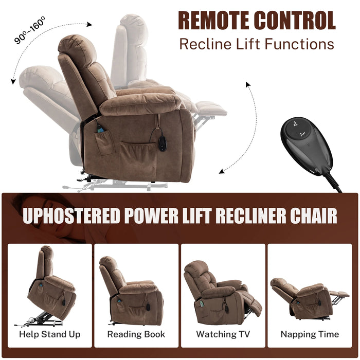 Oversized Electric Massage Lift Chair, Large Power Lift Recliner with Heat Therapy, Fabric Reclining Sofa with Remote, Hidden Cup Holder and Side Pocket for Elderly Seniors, Antique Brown