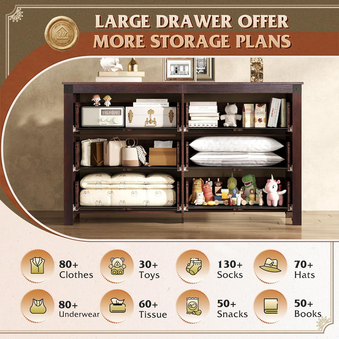 Brown Farmhouse 53InchWide 6Drawer Dresser With RusticHandles