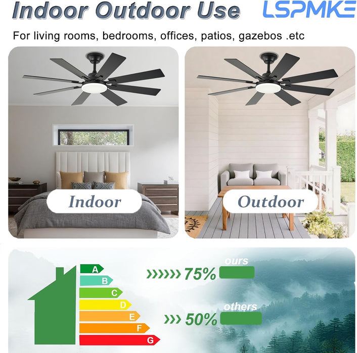Ceiling Fan with Light & Remote Indoor/Outdoor Use 52 Inch Black