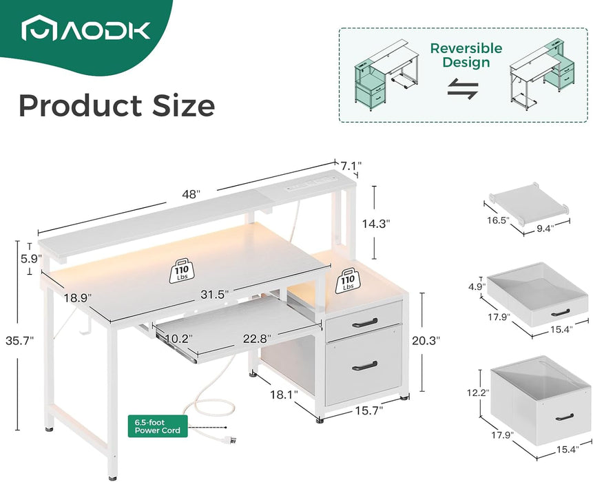 48" Computer Desk with Fabric File Cabinet and Drawer, Reversible Office Desk with Power Outlet and LED Light, Study Desk with Printer Stand, Keyboard Tray, Full Monitor Riser and PC Stand, White