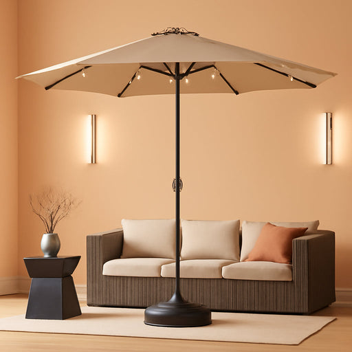 9FT Solar Led Patio Umbrella with Base Included, 32 LED Lights, 8 Sturdy Ribs, Fade Resistant Waterproof POLYESTER DTY Canopy for Garden, Lawn, Deck, Backyard & Pool, Tan