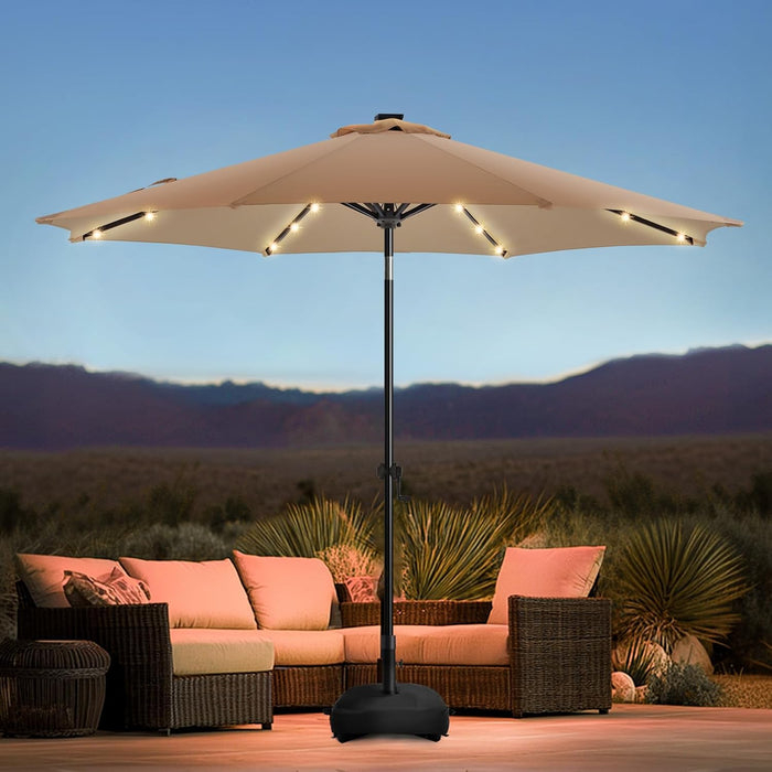 9FT Solar Led Patio Umbrella with Base Included, 32 LED Lights, 8 Sturdy Ribs, Fade Resistant Waterproof POLYESTER DTY Canopy for Garden, Lawn, Deck, Backyard & Pool, Tan