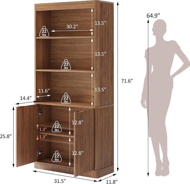 72'' Tall Bookshelf with Doors, 5-Tier Wooden Storage Bookcase with Fluted Doors & Side Panels, Adjustable Shelf, Gold Handles for Living Room, Bedroom, Home Office, Dark Walnut