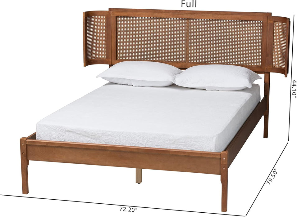 Eridian Walnut Brown Finished Wood and Natural Rattan Full Size Platform Bed