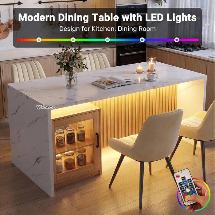 63 Inch Dining Table, Modern Kitchen Dining Room Table with Storage Cabinet, Faux Marble Tabletop and Fluted Wood Base, Rectangular Dining Table for 4-6 People