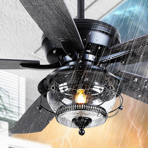 Outdoor Ceiling Fans with Light and Remote - 52 Inch Waterproof Wet Rated Ceiling Fan, 6 Speeds Modern Black Fan Lights with 2 Styles Reversible Blades for outside Patios Gazebos Bedroom