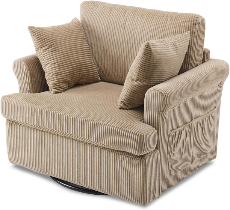 VINGL 39.2" Wide 360° Swivel Accent Armchair with 2 Pillows, Oversized Single Sofa, Chair and a Half with Side Pockets and Wide Armrest for Living Room, Bedroom, Reading Room, Corduroy Khaki