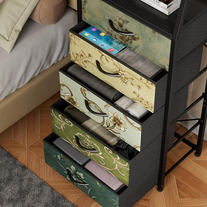 Retro 5 Drawers Dresser, Tall Dressers for Bedroom, Closet, Hallway, Nursery, Fabric Storage Tower Organizer, Vertical Nightstand Side Table Furniture, Steel Frame, Wood Top
