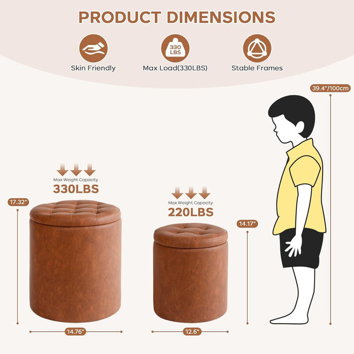 Round Ottoman with Storage Set of 2, 12.6"W X 14.17"H & 14.76"W X 17.32"H Faux Leather Button Tufted Storage Ottoman, Boucle Vanity Stool Footrest Coffee Table for Living Room, Bedroom, Brown