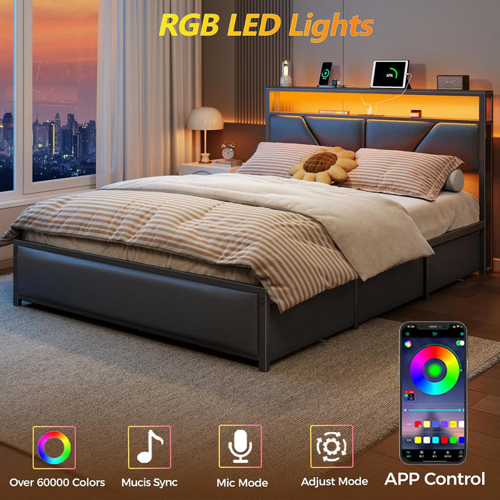 Queen Bed Frame with Storage Headboard, 6 Drawers, LED & Charging