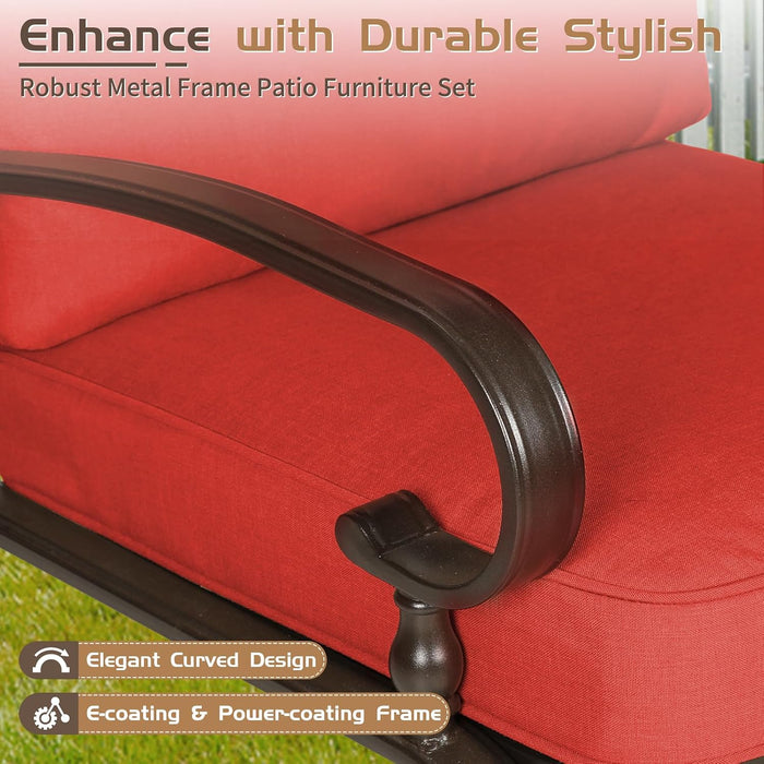 4Pcs Metal Outdoor Furniture Patio Conversation Set (Loveseat and Coffee Table, 2 Dining Chair) -Wrought Iron Patio Chair Set with Cushions (Red)