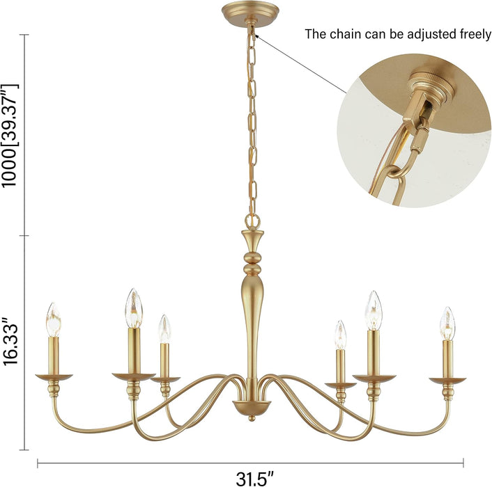 Farmhouse Chandelier 6-Light Gold Industrial Classic Candle Ceiling Rustic Pendant Lights Fixture for Dining Living Room Bedroom Kitchen Island Hanging Lighting