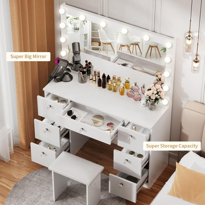 Vanity with Lighted Mirror - Makeup Vanity Desk with Power Outlet and 7 Drawers, 3 Color Lighting Modes Adjustable Brightness, 44" Vanity Table with Soft Cushioned Stool for Women Girls, White