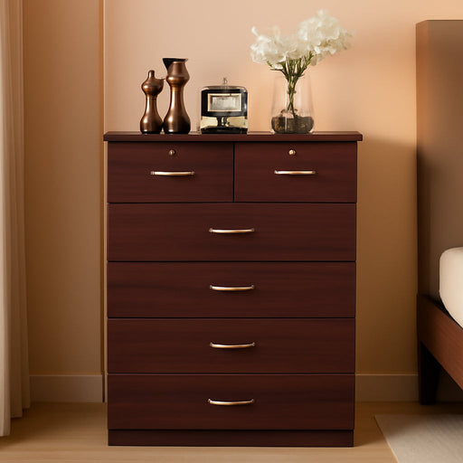7 Drawer Wood Dresser for Bedroom, 31.5 Inch Wide Chest of Drawers, with 2 Locks on the Top Drawers, Storage Organization Unit for Clothing, Mahogany