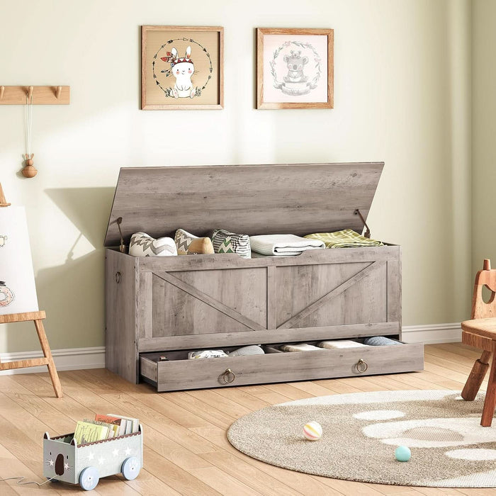 Storage Chest, 43.3" Toy Chest with Drawer, Wooden Storage Bench, Sturdy Entryway Bench Supports 220 Lb, Shoe Bench, Safety Hinge, U-Shaped Opening, Easy Assembly, Greige BG711CW01G1