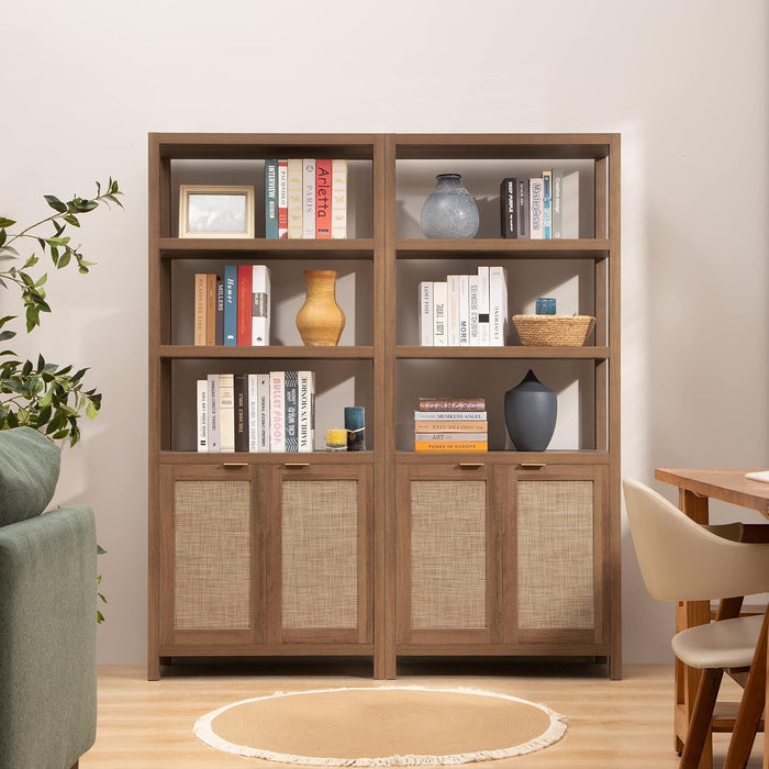 71" Tall Rattan Bookshelf with Doors for Living Room Library | 5 Tier Book Shelf Storage Shelves Large Boho Bookshelves Farmhouse Bookcase Book Case for Bedroom Home Office Kitchen