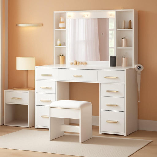 Makeup Vanity Desk with Mirror and Lights White Vanity Desk with Power Outlet 11 Drawers 9 Shelves 3 Color Lighting Modes Vanity for Bedroom Women UBDT86W