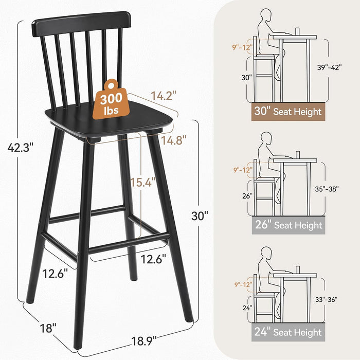 Windsor Wooden Barstools Set of 4 for Kitchen Island, Farmhouse 30 Inch Bar Height Stools Chairs with Spindle Back for Bar Bistro, Black