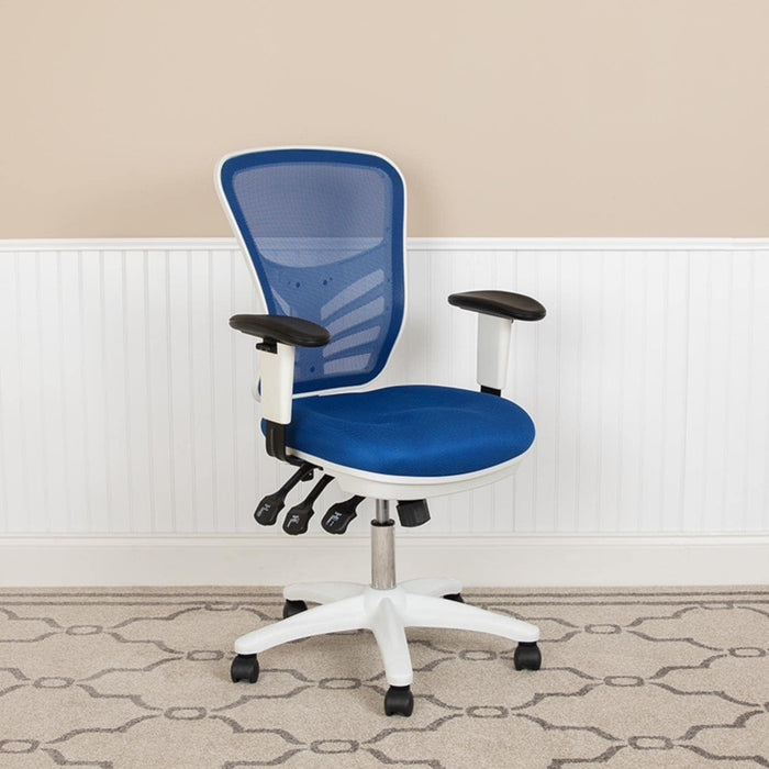 Nicholas Mid-Back Blue Mesh Multifunction Executive Swivel Ergonomic Office Chair with Adjustable Arms and White Frame
