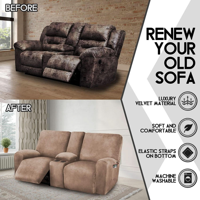 Reclining Love Seat with Middle Console Slipcover, 8-Piece Velvet Stretch Loveseat Reclining Sofa Covers, 2 Seat Love Seat Recliner Cover, Thick, Soft, Washable, Love Seat Slipcovers (Sand)